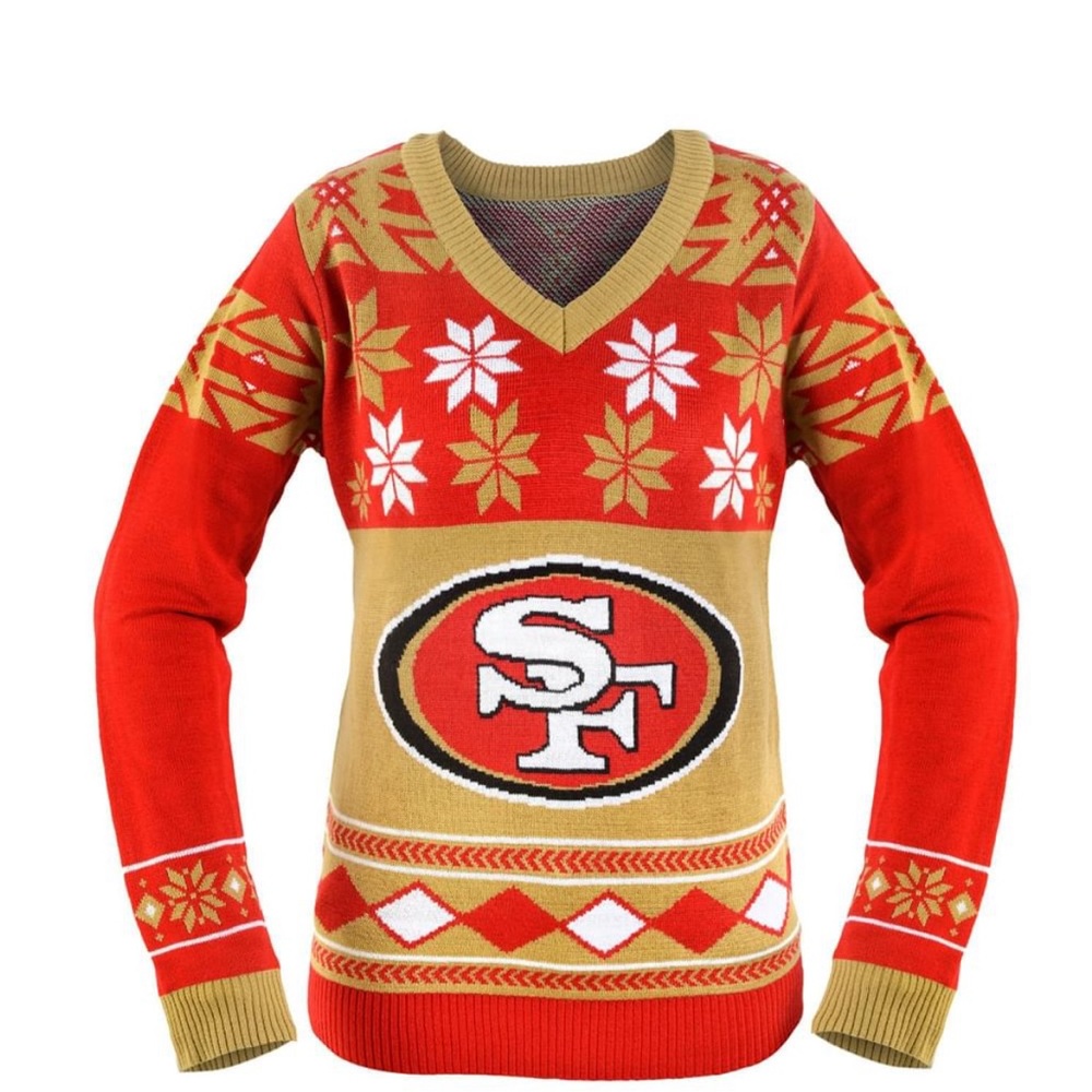 San Francisco 49ers NFL Women’s V Neck Christmas Sweater ❤️💛 - Picture 1 of 7